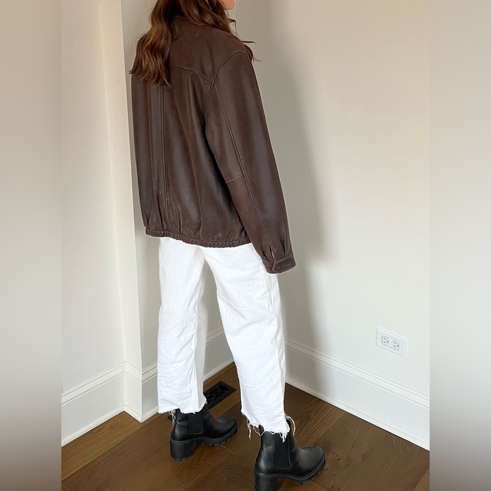 Oversized Brown Leather Bomber Jacket